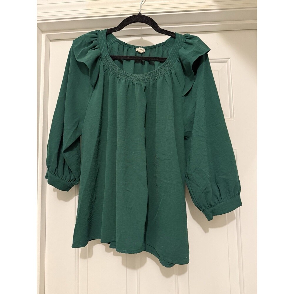 JODIFL Green Blouse Smocked Neckline Ruffled Shoulders S Cottagecore Romantic
